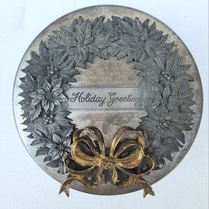 Vintage Pewter Christmas Wreath Holiday Greeting Circular Tin